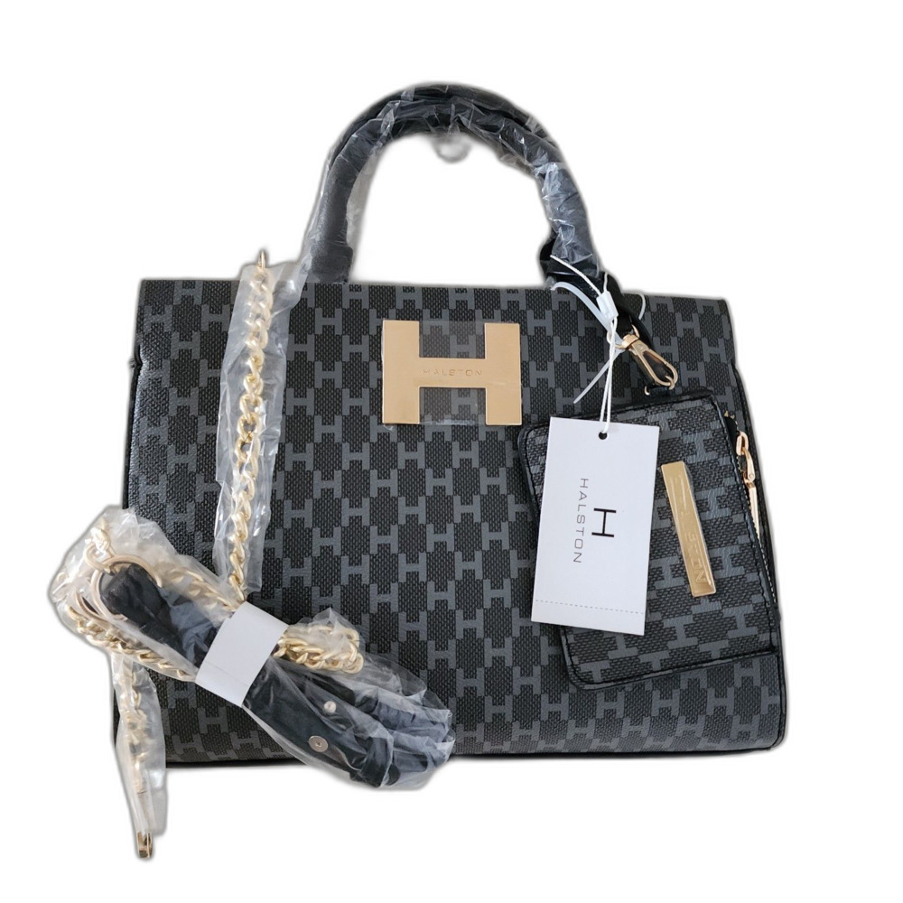 NWT Halston Quincy Signature Logo Satchel | Black & Gray Monogram Bag